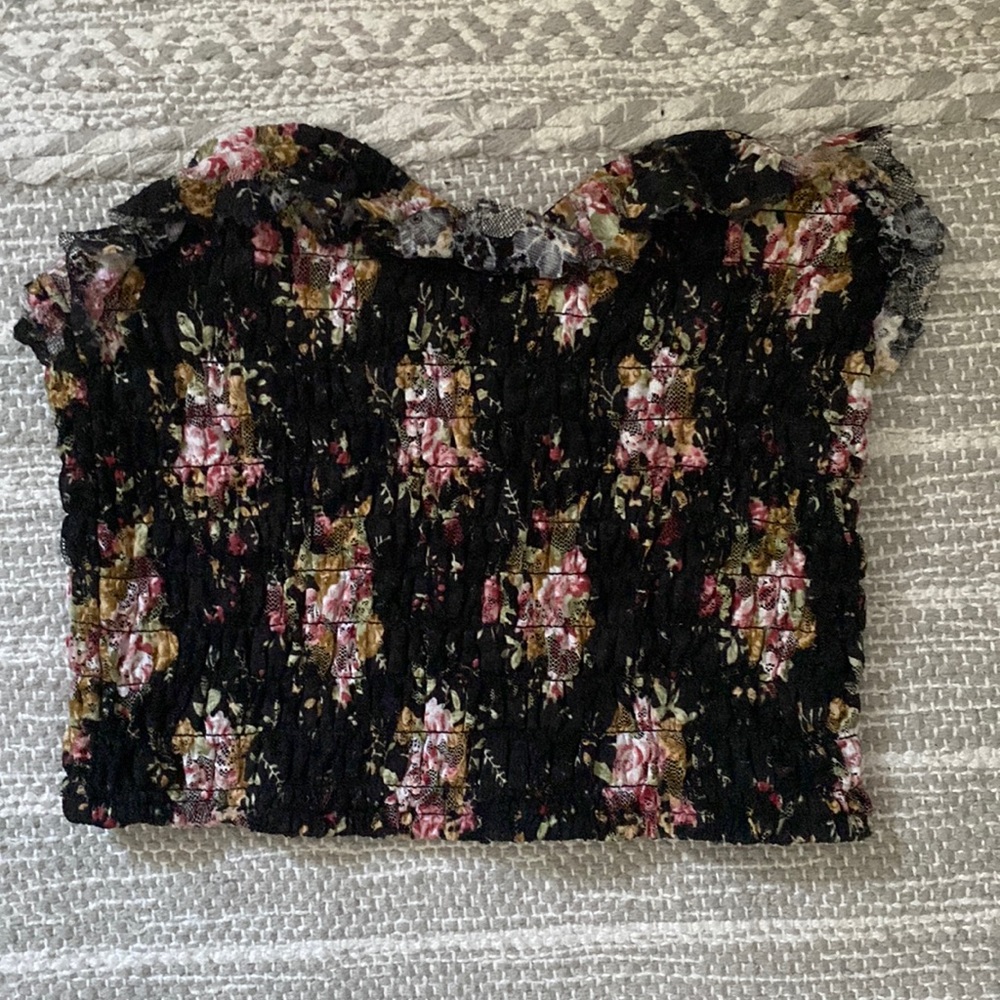 Black Floral Smocked Strapless Crop Top